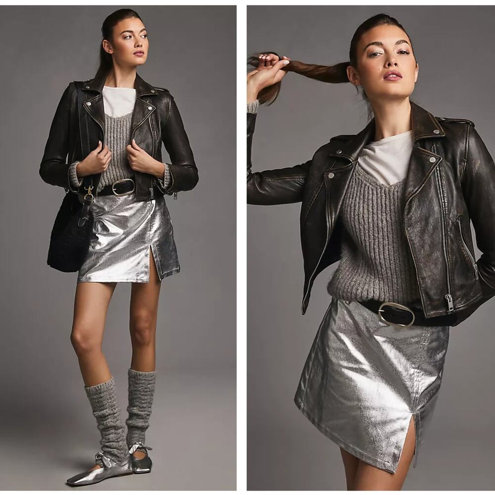 ANTHROPOLOGIE x MAEVE Metallic Mini Skirt Silver Sz 12 {3J13}